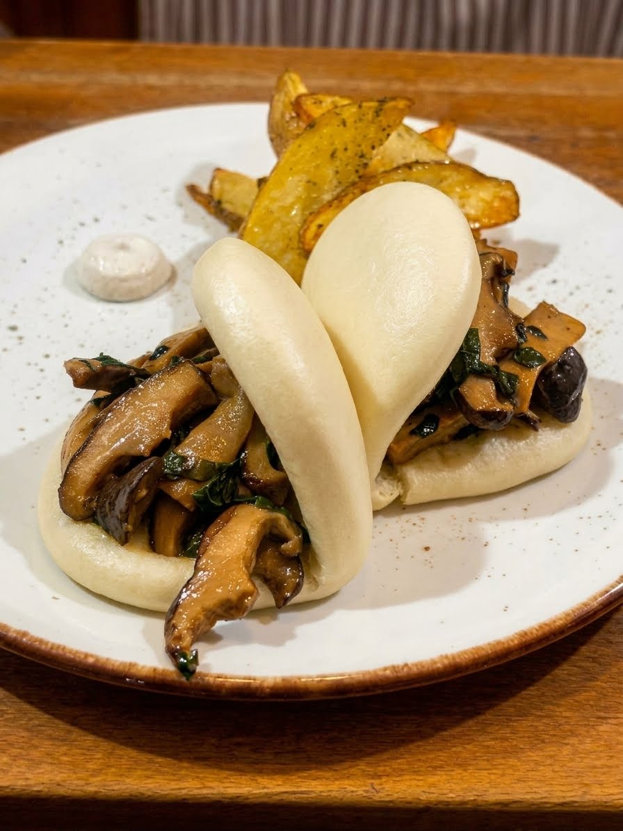 Bao buns al vapore con funghi shitake e cardoncelli, burro di arachidi, patate al forno